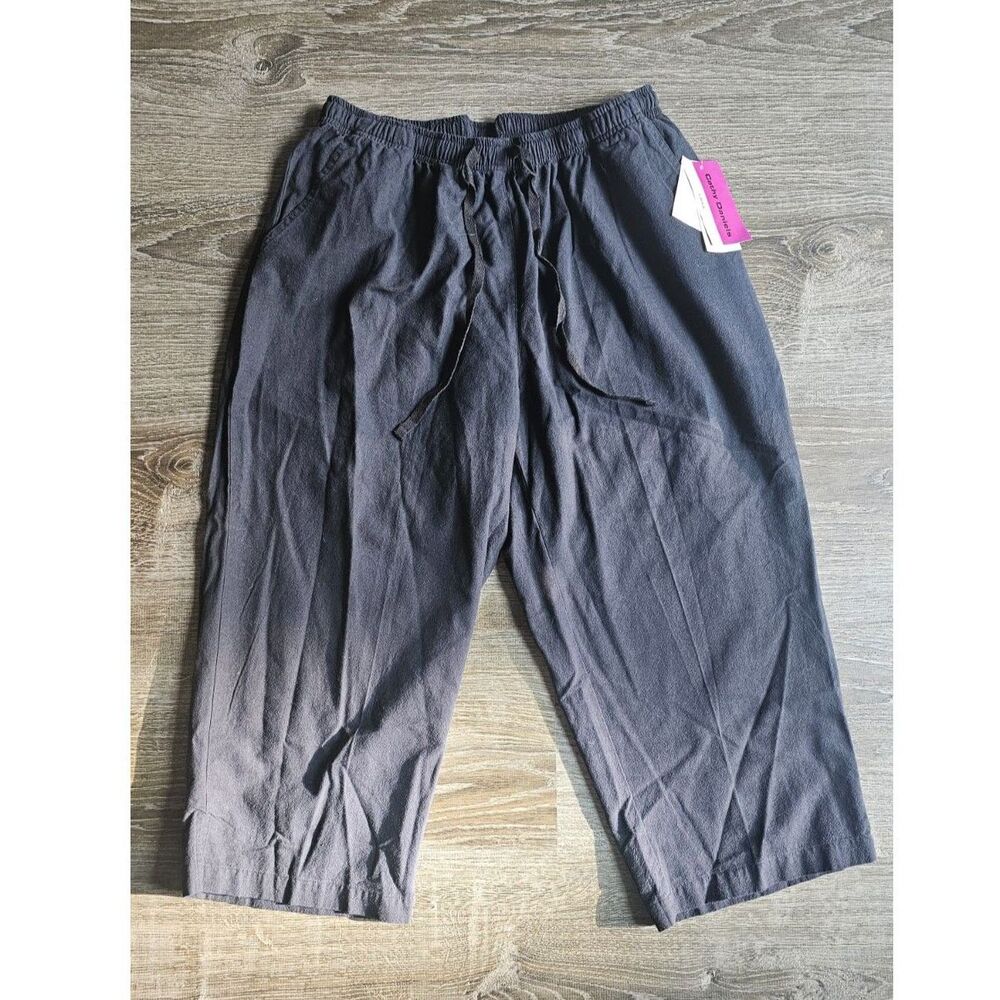 NWT Cathy Daniels 100% Cotton Black Capri Pants Drawstring Waist Size L